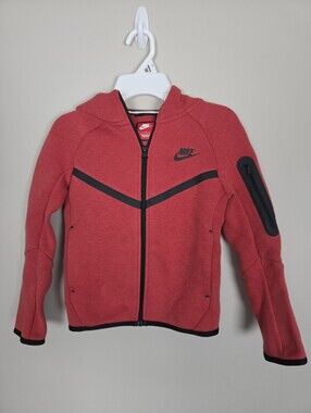 Nike Tech Fleese Boys Small Red Front Zip Long Sleeve Hooded Sweatshirt